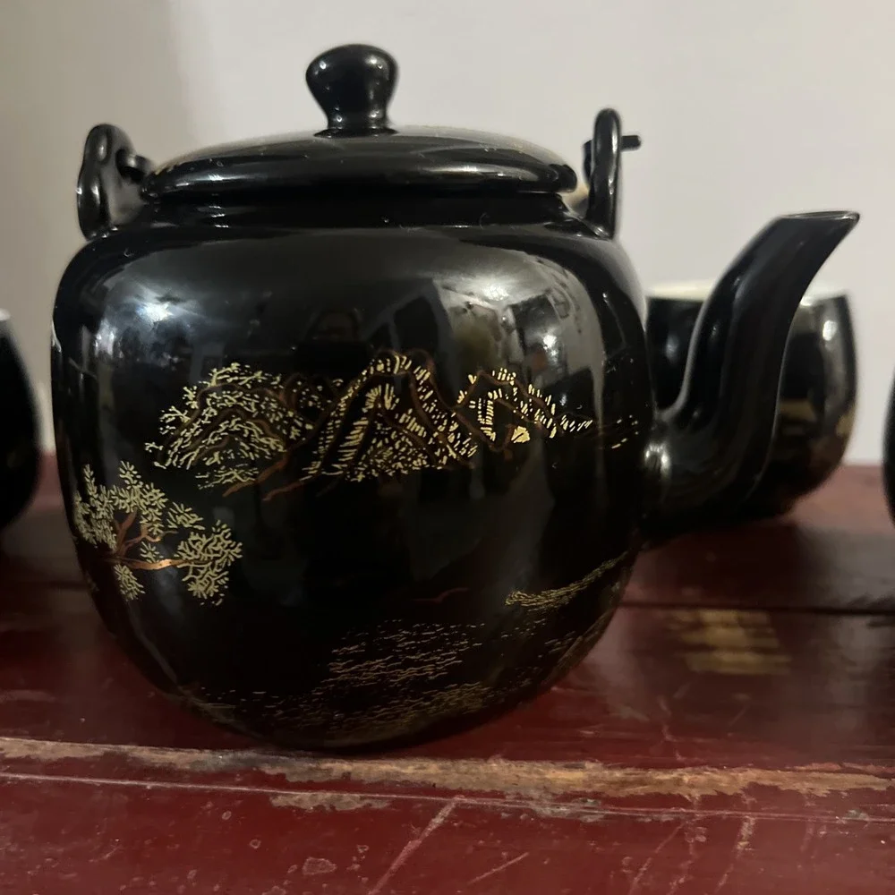 Vintage Dujust Japanese Tea Pot & 6 Cups Black & Gold House & Tree‎ Design